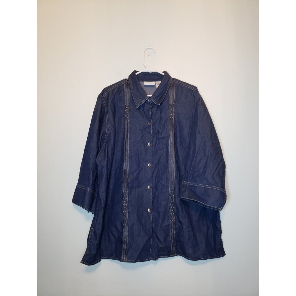 Liz Claiborne Woman Plus 18W Blouse Medium Wash Chambray Blue 100% Cotton Button - Picture 1 of 6
